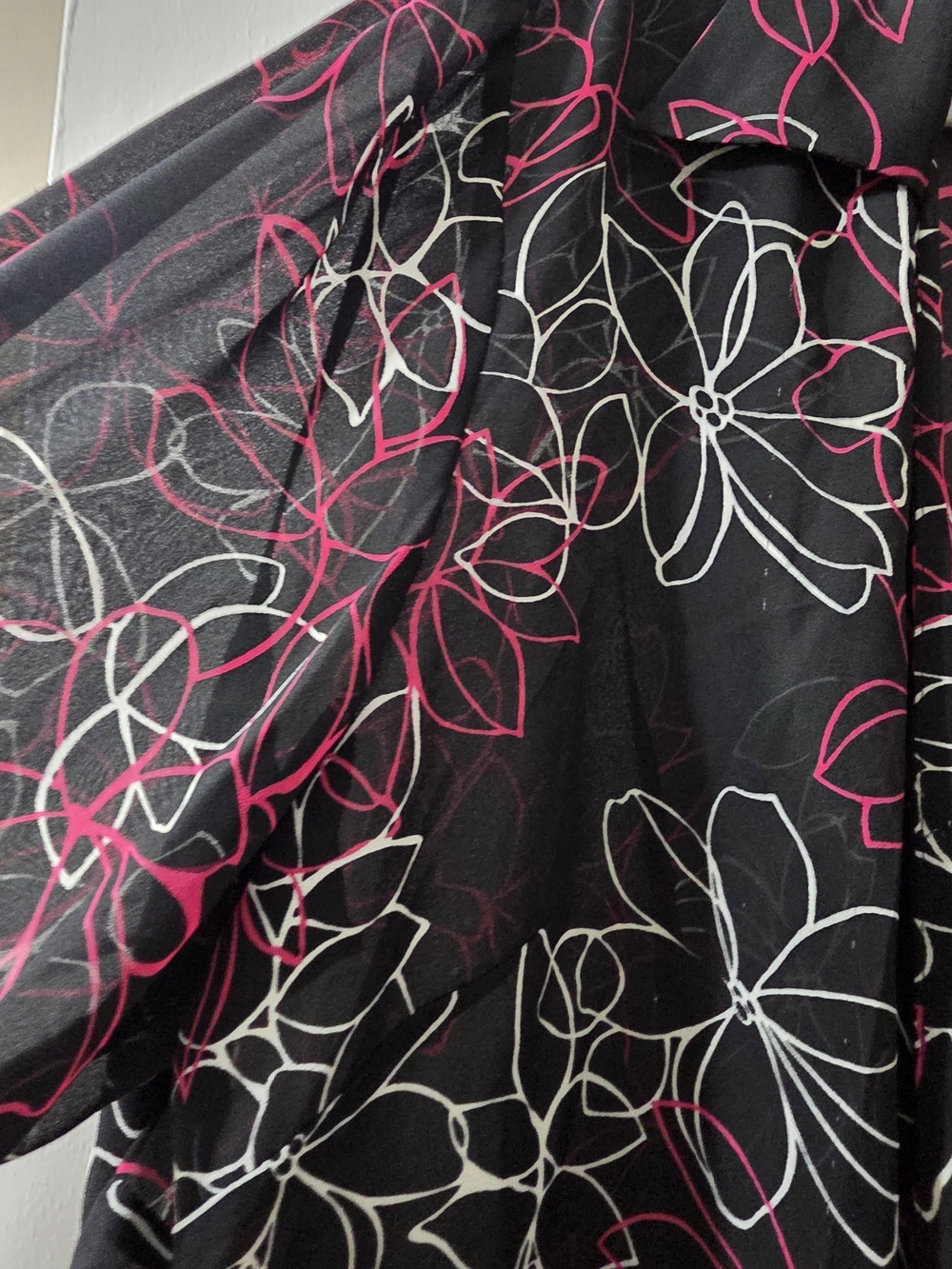Black Floral Sheer Wrap Around Blouse with Pink & White Outline Flowers - Picture 2 of 4